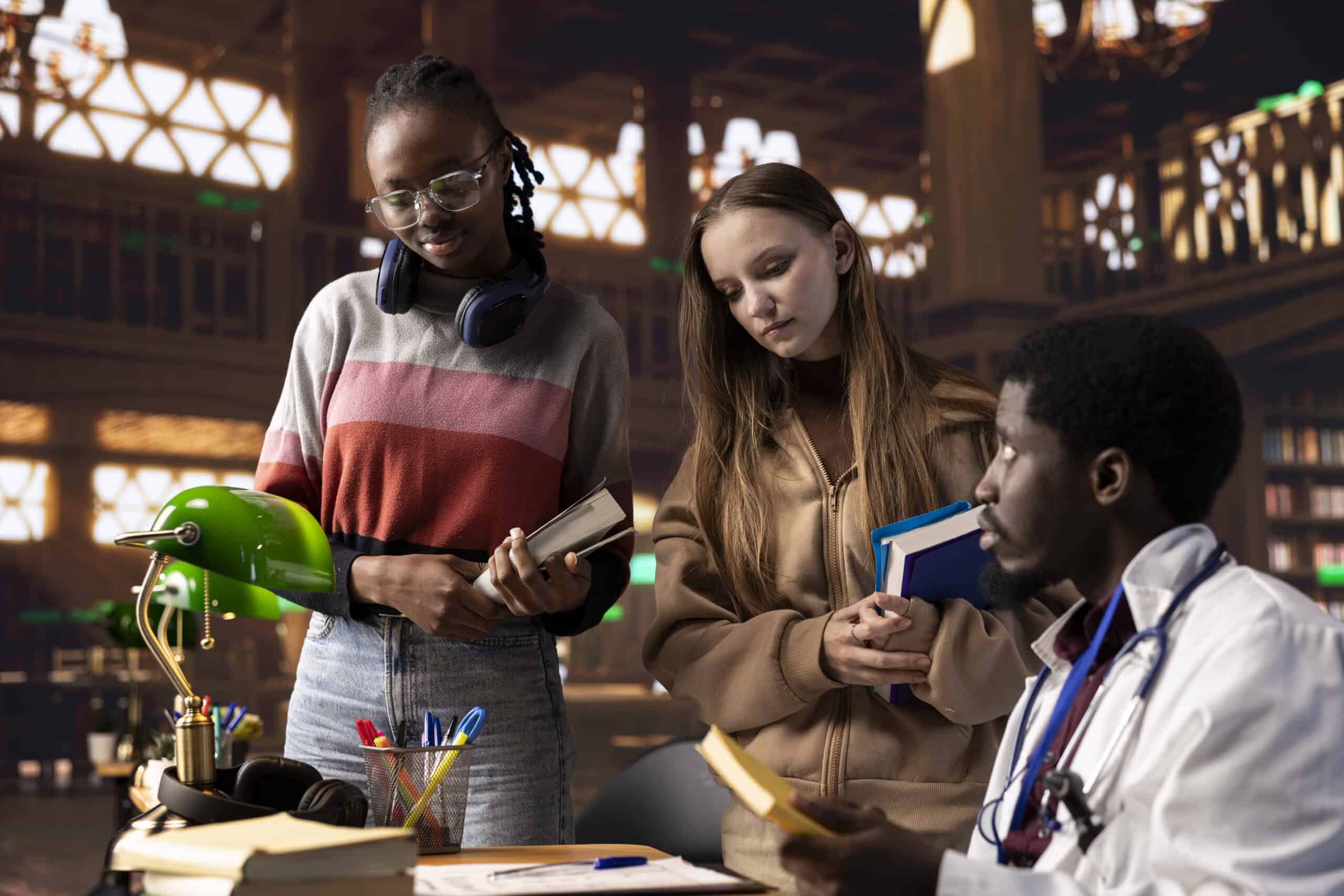 Two students working together at a library, consulting a doctor.